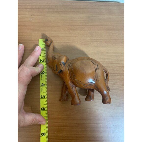 Vintage Wood Carved Elephant Figurine Trunk Up Brown - Picture 6 of 7